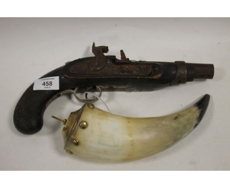 A VINTAGE FLINTLOCK PISTOL A/F TOGETHER WITH A BRASS MOUNTER HORN POWDER FLASK  