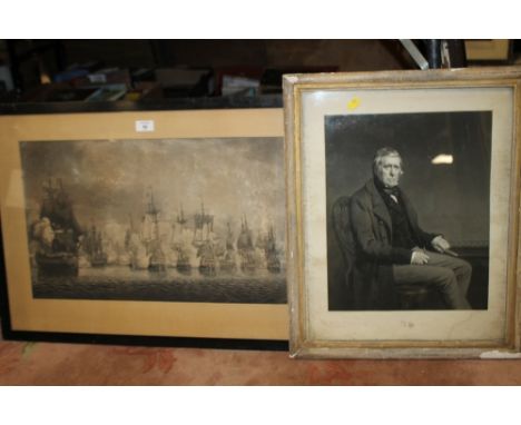 A FRAMED AND GLAZED ANTIQUE PORTRAIT PRINT 'L COX' TOGETHER WITH A SHIPPING SCENE (2)