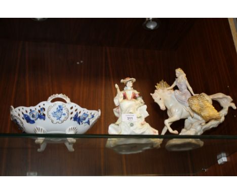 A CONTINENTAL PIERCED CERAMIC BASKET TOGETHER WITH A ROYAL DOULTON ROSE FIGURE AND A FRANKLIN MINT ATHENE AND PEGASUS FIGURE 