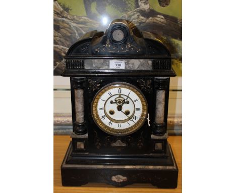 AN ORNATE SLATE AND MARBLE MANTLE CLOCK A/F 