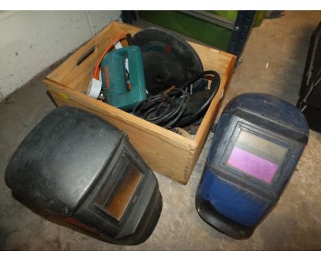 A WOODEN BOX CONTAINING POWER TOOLS, WELDING MASKS ETC