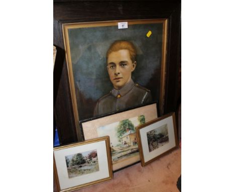 A FRAMED AND GLAZED PORTRAIT STUDY TOGETHER WITH A SMALL WATERCOLOUR AND TWO PRINTS (4)