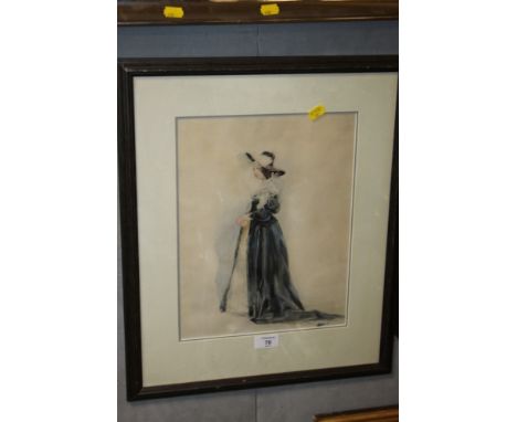 A FRAMED AND GLAZED WATERCOLOUR FULL LENGTH PORTRAIT DEPICTING A VICTORIAN LADY  