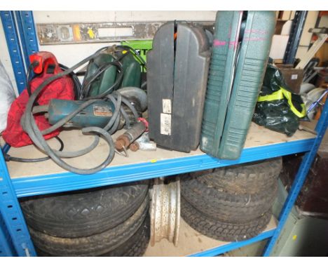 A QUANTITY OF POWER TOOLS AND WHEELS ETC