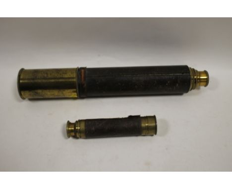 A LARGE VINTAGE LEATHER BOUND BRASS TELESCOPE TOGETHER WITH A SMALLER EXAMPLE 