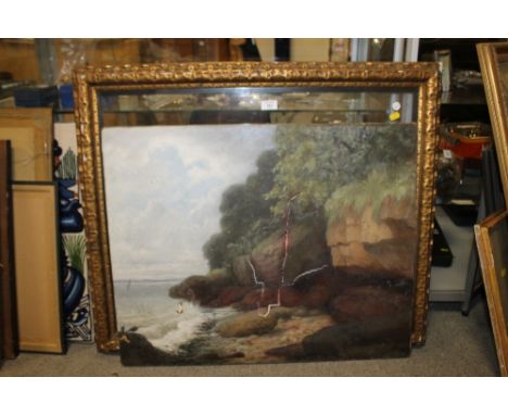 A LARGE FRAMED AND GLAZED OIL ON CANVAS DEPICTING A SEASCAPE A/F 