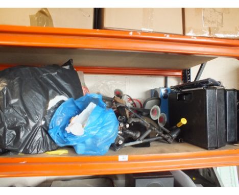 A QUANTITY OF CAR RELATED TOOLS, PARTS ETC TO INCLUDE HUB CAPS