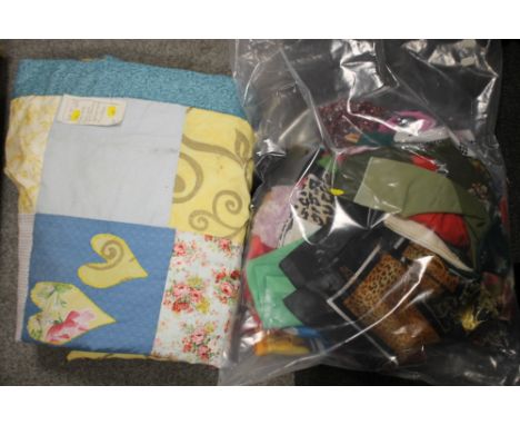 A SELECTION OF SILK SCARVES ETC. TOGETHER WITH A VINTAGE BLANKET 