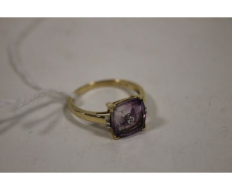 A HALLMARKED 9K GOLD AMETHYST AND DIAMOND RING, the amethyst measuring approx 10 mm x 10 mm ring size R 1/2