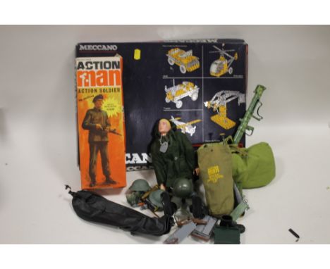 A VINTAGE BOXED MECCANO SET TOGETHER WITH A BOX OF ACTION MAN TOYS TO INC A BOXED PALITOY EXAMPLE