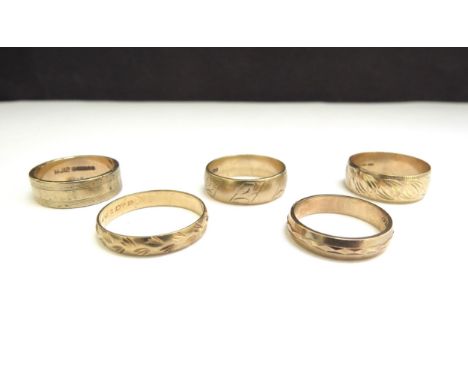 Five 9ct gold rings, sizes O,N/O, L/M, R and L, 13.3g 