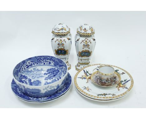 A Meissen style coffee can and saucer, a pair of continental delft vases and matching plates, two Spode soup bowls and a Spod