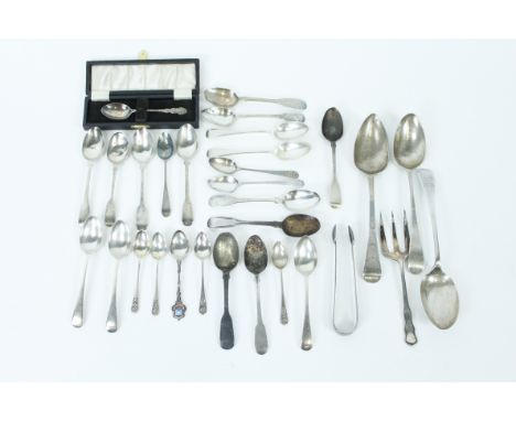 A collection of silver spoons, various periods, some antique; one cased spoon; a silver serving fork; and a pair of Georgian 