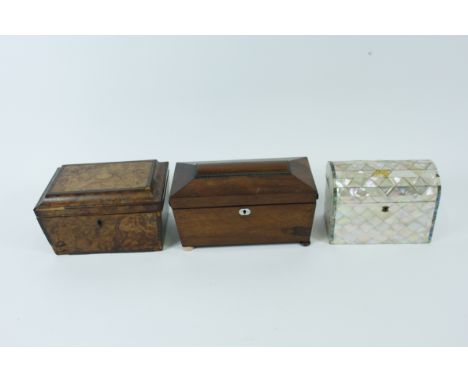 A 19th century rosewood sarcophagus shape tea caddy, along with mother of pearl covered work box and one other work box
