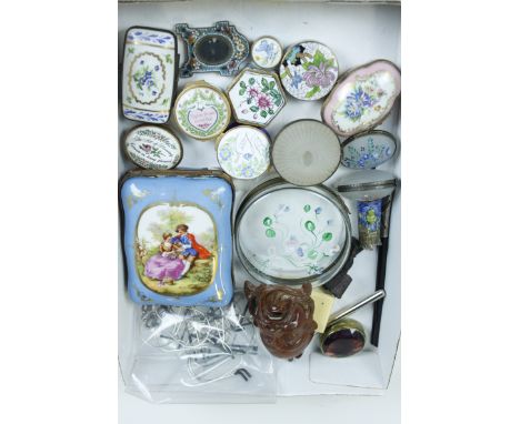 A collection of fill boxes including glass and enamel examples, along with various other items 