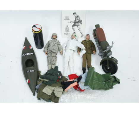 A good collection of Action Man items including motorbike, canoe, various figures and accessories