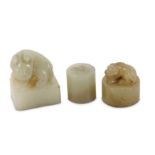 THREE CHINESE PALE CELADON JADE SEALS.