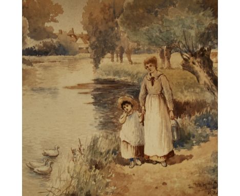 R Douglas, 19th/20th century watercolour, path by a river, signed, 7.5" x 9.5", framedPaper discolouration 
