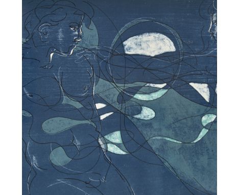 Hans Erni (Swiss), lithograph, lovers, 1964, image 12" x 24", framedGood condition 