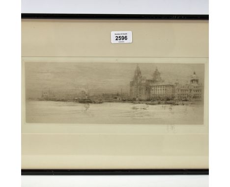 William Walcot (1874 -1943), etching, The Mersey, signed in pencil, image 4.5" x 12.5", framedA couple of very tiny fox marks