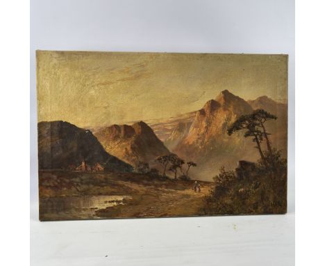 F E Jamieson, oil on canvas, Highland landscape, signed, 16" x 24", unframed2 tiny paint chips above the cottages, would bene