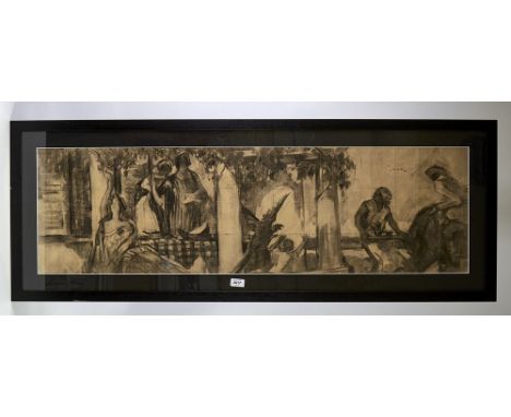 Alfred Palmer, panoramic charcoal on paper, study for a mural, RI Exhibition label verso, 14" x 47", framedEven paper discolo