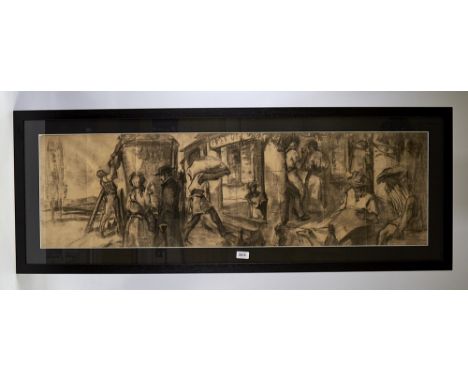 Alfred Palmer, panoramic charcoal on paper, study for a mural, RI Exhibition label verso, 14" x 47", framedEven paper discolo