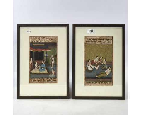 A pair of Indian/Mughal gouache paintings on paper, court scenes with text inscriptions, 10" x 5.5", framedSlight paper disco