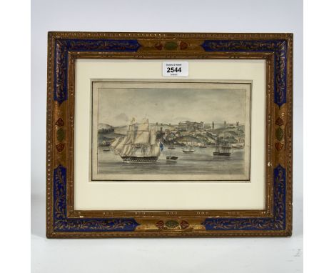 Early 19th century watercolour, busy harbour scene in Brazil, unsigned, image 5" x 8.5", framedHorizontal crease, several lig
