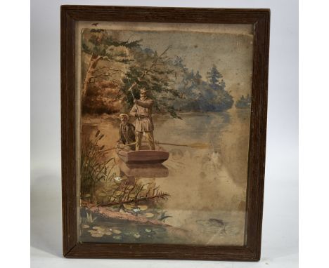 Suakim, watercolour, fishing scene, signed and dated 1884, 12" x 9.5", framedPaper discoloured and light foxing 