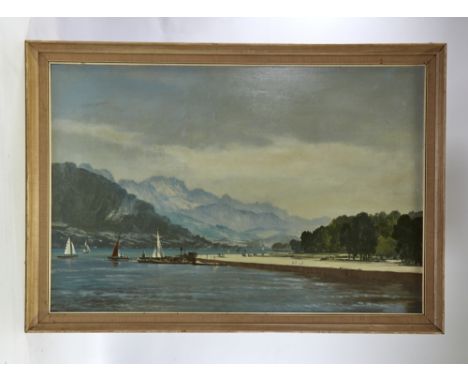 E G Clay, oil on board, lake scene, signed, 24" x 36", framedWould benefit from a light clean, no damage 