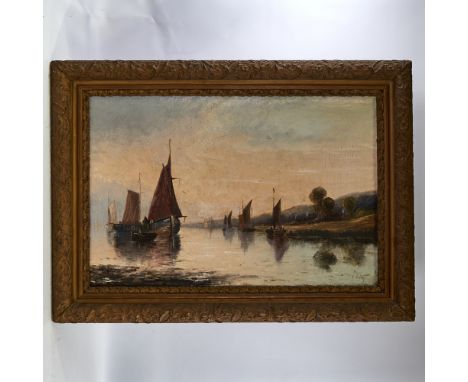 Oil on canvas, circa 1900, boats on a river, indistinctly signed, 20" x 30", framedPaint crazing, three patch repairs 
