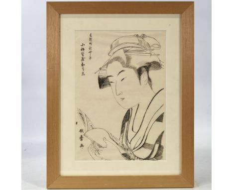 Utamaro, original Japanese pen and ink drawing, woman reading a book, text inscription, 14.5" x 10", framed, plus 3 other Jap