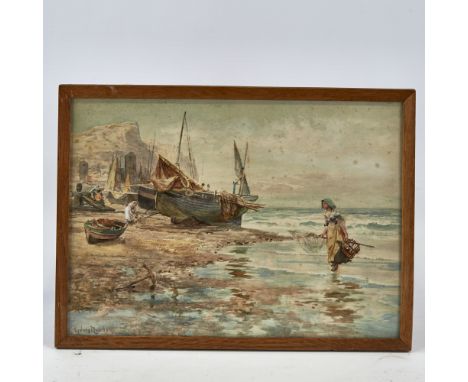 Francis Muschamp (1851 - 1929), watercolour, fisherwoman on Hastings beach, signed, 9.5" x 13.5", framedA few light fox marks
