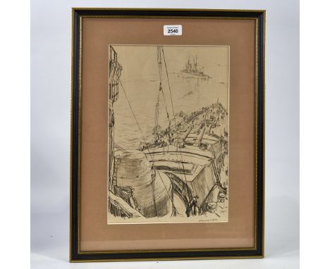 Sir David Muirhead Bone (1876 - 1953), lithograph, HMS Repulse, March 1917, signed in pencil, image 14" x 9.5", framedSlight 