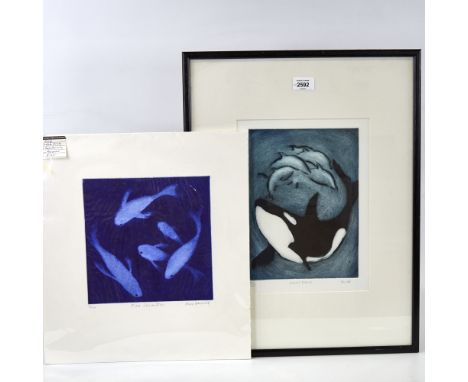 Harriet, coloured etching, ocean dance, image 11" x 7.5", and Susie Perring, etching, 5 silver fish, 1 framed (2)Good conditi