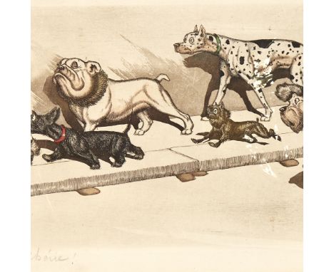 Boris O'Klein, coloured etching, dirty dogs of Paris, signed in pencil, plate size 6.5" x 17", mountedStain near bottom right