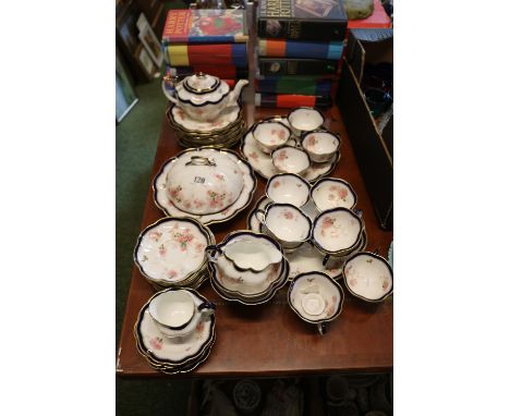 19thC George Jones Crescent China Rose decorated Tea service of Cobalt Blue and gilded edge 