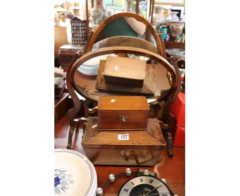 19thC Tea Caddy with brass lions head handles Mahogany jewellery box and 2 19thC Mahogany framed dressing table mirrors 