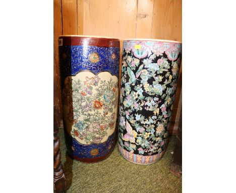 Cylindrical&nbsp; famile rose decorated umbrella stand with butterfly decoration and a Satsuma type Cylindrical umbrella vase