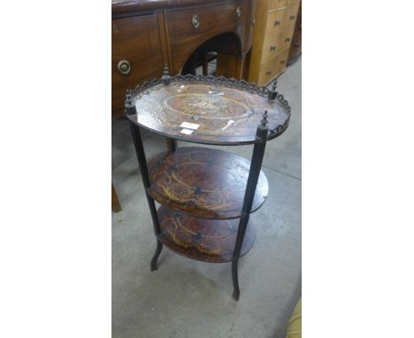 A French inlaid walnut three tier etagere and a carved ebonised occasional table, a/f and a pine bedside cabinet 