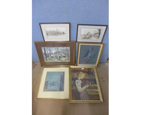 Four assorted watercolours, a pastel portrait and a tapestry 
