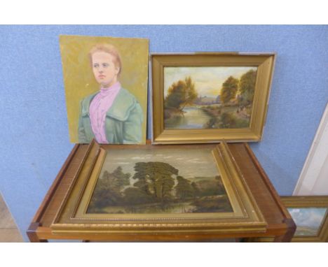 Two oil landscapes, a portrait, oil and two prints 