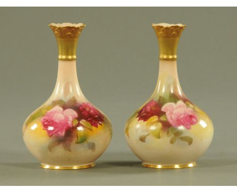 A pair of Royal Worcester club shaped vases, decorated with roses, one signed "Blake", green backstamp.  Height 14 cm (see il