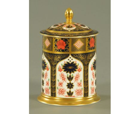 A Royal Crown Derby "Old Imari" pattern biscuit jar, Pattern 1128, factory printed marks.  22 cm high.  CONDITION REPORT: Thi