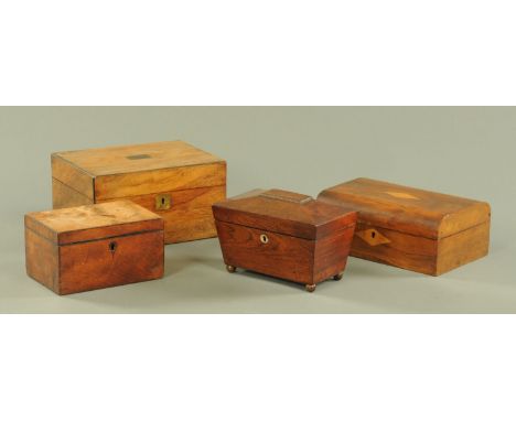 A Victorian rosewood tea caddy, a mahogany veneered tea caddy and two Victorian walnut veneered jewellery boxes.  Widest 25 c