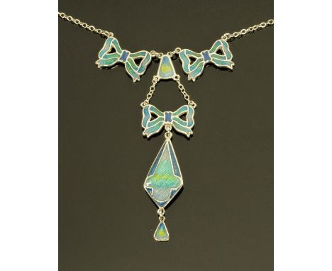 An Art Nouveau silver and enamel pendant drop necklace, with tied ribbon mounts upon a sterling silver chain, marked R and SD