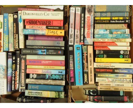 Two boxes of predominantly First Edition novels, to include the authors John Gardner, Beryl Bainbridge, Arthur C. Clarke, Ann