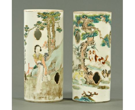 A near pair of Chinese porcelain hat stands, 20th century, one decorated with a female in landscape and inscribed poem and se