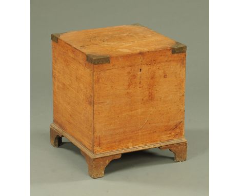 A 19th century oak metal bound square casket, raised on bracket feet.  Width 41 cm.